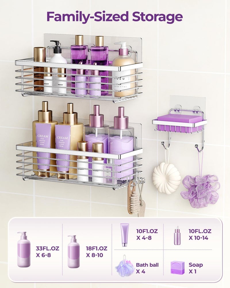 ODesign Shower Caddy 3 Pack SUS304 Stainless Steel-No Drilling-Shower Bathroom Shelves Rack,Rustproof Wall Mounted,Adhesive Shower Shelf Basket Organizer-Silver - Image 5
